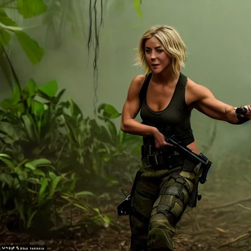 Image similar to cinematic action scene with julianne hough as a commando in the jungle, dramatic smoke, still frame