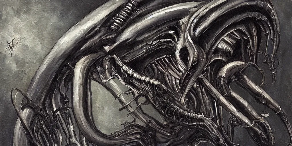 Prompt: “painting of xenomorph in the style of HR Giger”