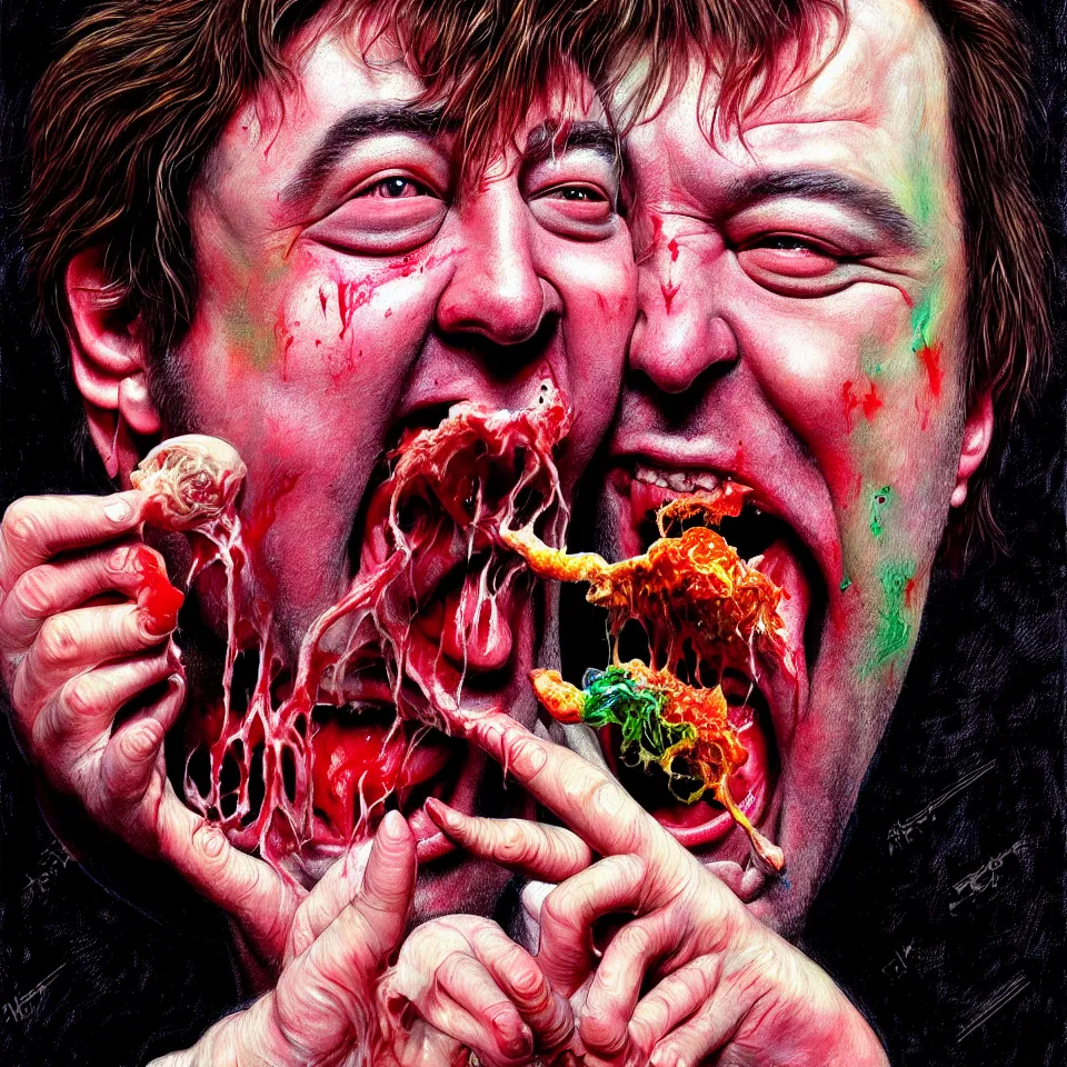 Prompt: happy and funny psychedelic bill hicks eating rotten flesh, laughing and puking blood, diffuse lighting, fantasy, intricate, elegant, highly detailed, lifelike, photorealistic, digital painting, artstation, illustration, concept art, smooth, sharp focus, art by francis bacon