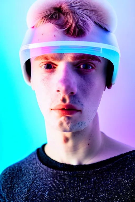 Image similar to high quality pastel coloured film mid angle portrait photograph of a beautiful young 2 0 year old male, soft features, short hair, perspex space visor and oversized inflated clothing!!!! icelandic black! rock pool environment. atmospheric three point light. photographic. art directed. ( pastel colours ). volumetric. clearcoat. waves. 8 k. filmic.