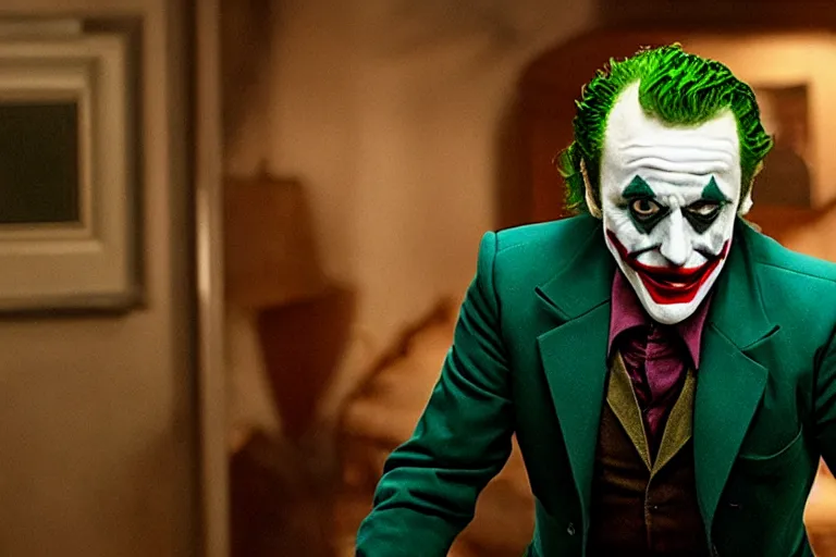 Image similar to a film still of Peter Serafinowicz as Joker high quality