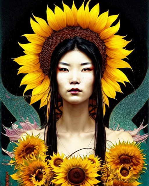 Prompt: portrait of sunflower cyberpunk geisha. beautiful symmetrical face. fantasy, regal, by kim keever, victo ngai, stanley artgerm lau, greg rutkowski, thomas kindkade, alphonse mucha, loish, norman rockwell