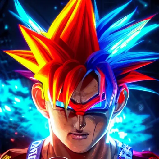 Image similar to a portrait of a neon cyberpunk goku in a racing helment by sandra chevrier, detailed render, epic composition, cybernetics, 4 k realistic, cryengine, realistic shaded lighting, sharp focus, masterpiece, by matteo scalera, gary montalbano, peter elson in the style of the tokyo ghost comic