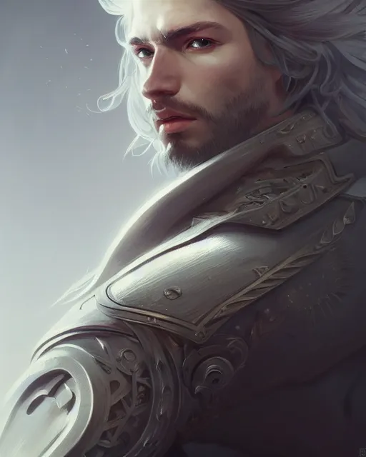 Prompt: male portrait, handsome, detailed white long hair, intricate assasin armor, by ilya kuvshinov, peter mohrbacher, greg rutkowski, godessmechanic, dramatic lighting, intricate, highly detailed, deviant art, sharp focus, luminous, blender, deviant art, masterpiece, ray tracing