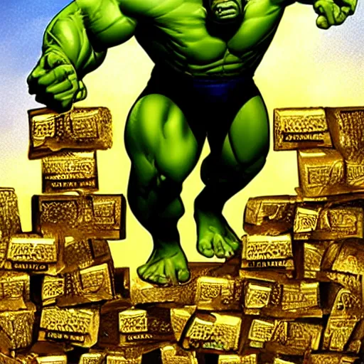 Image similar to hulk standing on top of a pile of gold bars, ultra detailed, hdr, 8 k, joe jusko