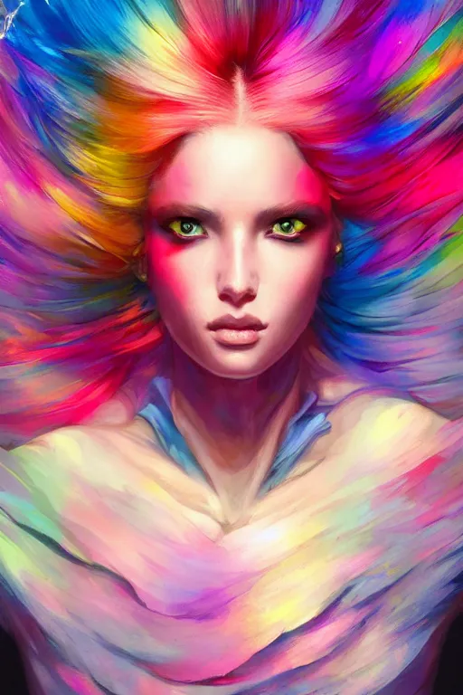 Prompt: chromatic goddess of colors, d & d, full body portrait, mixed media, seductive look, chromatic aberration, hyper realistic, highly detailed, headshot, digital painting, trending on artstation, concept art, sharp focus, illustration, art by wlop and artgerm and greg rutkowski and ayami kojima