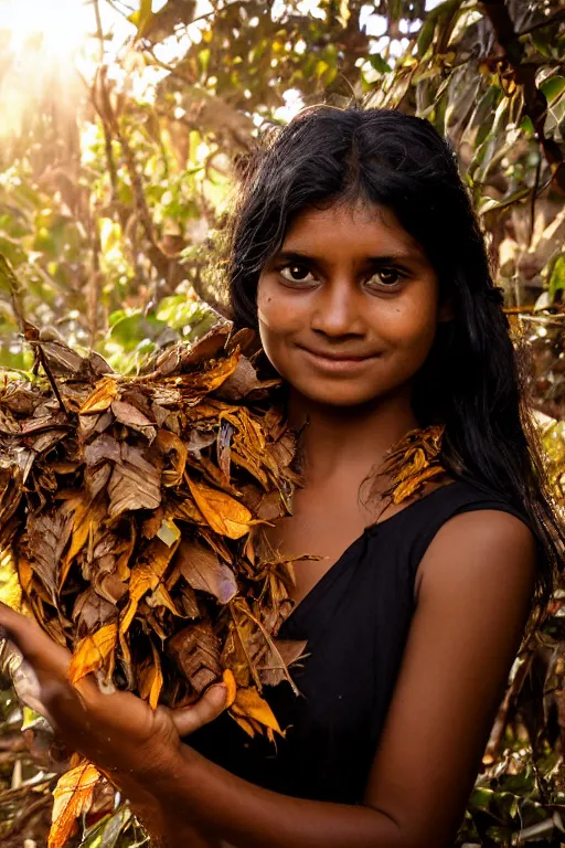 Prompt: a professional photo of a sri lankan jungle girl, black hair, gatherer, covered in leaves, extremely high fidelity. key light.