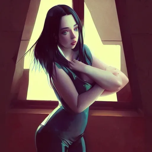 Image similar to a beautiful billie eilish kat dennings alluring gravure model in elaborate latex tank top, by guweiz and wlop and ilya kuvshinov and artgerm and makoto shinkai and studio ghibli, symmetrical eyes, aesthetic, gorgeous, stunning, alluring, attractive, artstation, deviantart, pinterest, digital art