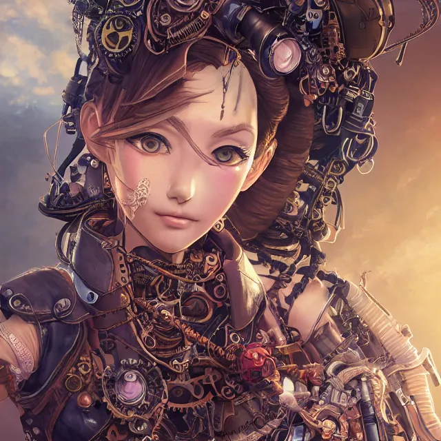 Image similar to the portrait of true neutral semi - colorful female steampunk cyborg mechanist as absurdly beautiful, gorgeous, elegant, young gravure idol, an ultrafine hyperdetailed illustration by kim jung gi, irakli nadar, intricate linework, bright colors, octopath traveler, final fantasy, unreal engine 5 highly rendered, global illumination, radiant light, detailed and intricate environment