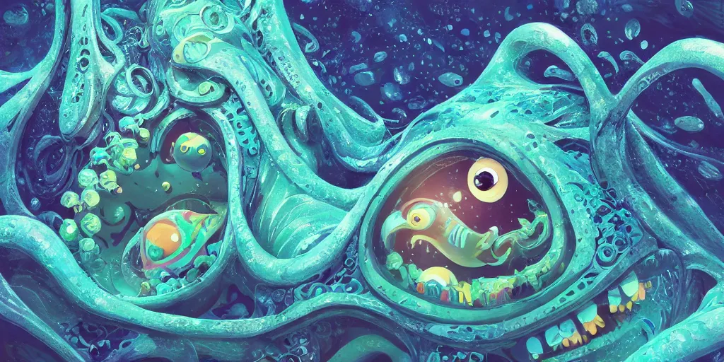 Image similar to of an intricate deep sea with strange cute friendly happy creatures with huge eyes, long tongue, round teeth and goofy funny face, appearing from the background, in the style of gehry and gaudi, macro lens, shallow depth of field, ultra detailed, digital painting, trending artstation, concept art, illustration, cinematic lighting, photorealism, epic, octane render