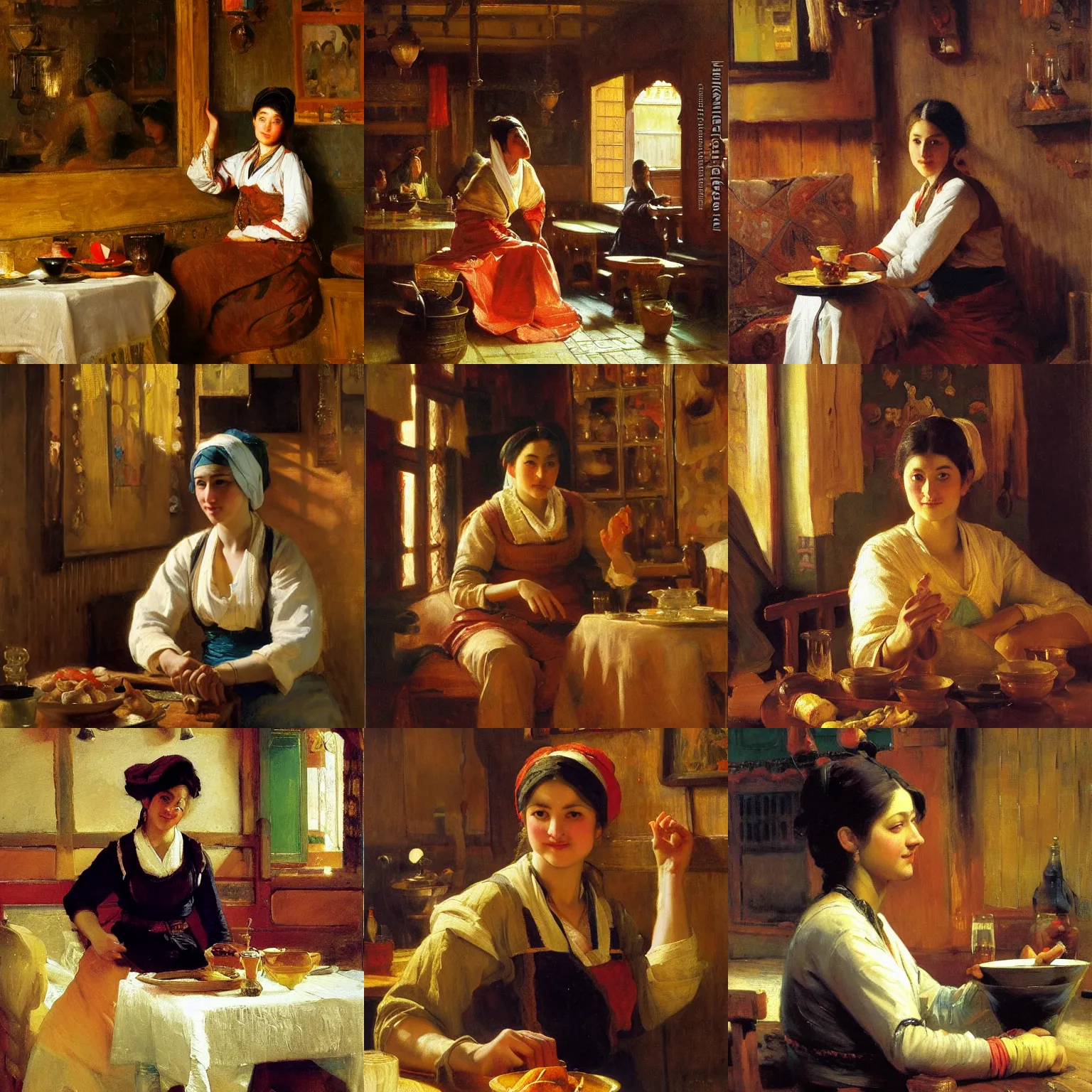 Prompt: orientalism painting of a friendly waitress at a cozy tavern by theodore ralli and nasreddine dinet and anders zorn and nikolay makovsky and edwin longsden long, oil on canvas, masterful intricate artwork, excellent lighting, high detail 8 k