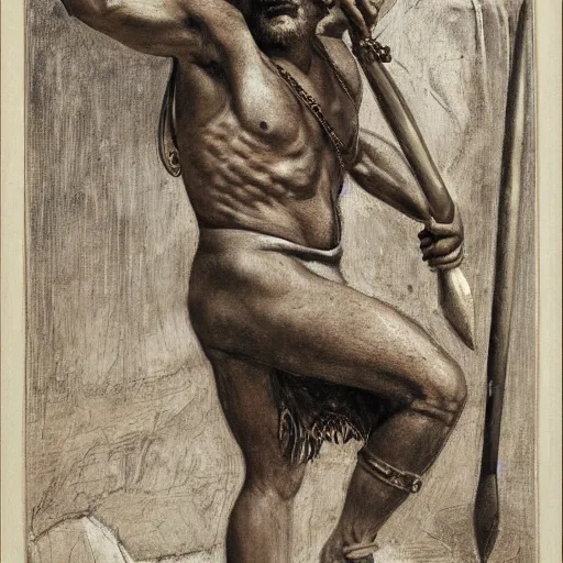 Prompt: a scrappy bronze age thief man, ancient mesopotamia, hiding, opportunistic expression, sword and sandal character portrait by theodore ralli and nasreddine dinet and anders zorn and nikolay makovsky and edwin longsden long