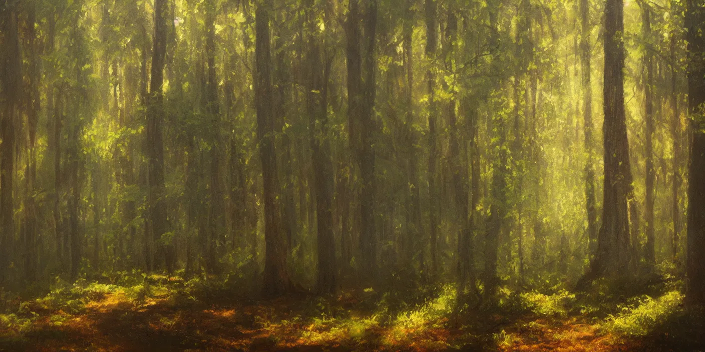 Prompt: a forest, cinematic lighting, detailed oil painting, hyperrealistic, 8k