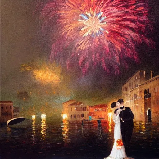 Image similar to an oil painting of couple kissing, in a background fireworks in venice