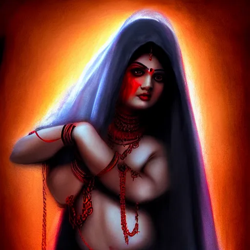 Image similar to beautiful Hindu lady of the dark with veil, in darkness, cover with blood, horror terrifying, soft light, surreal realistic, photorealistic, hyper details, full HD, 8k!