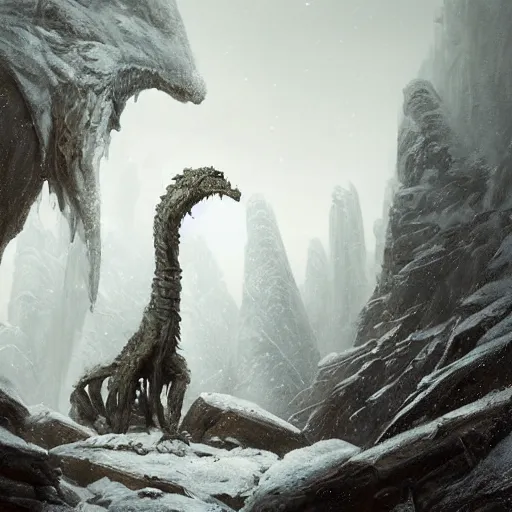 Image similar to an creature with long arms and long neck standing in the blizzardy mountains, Matte painting , detailed painting, greg rutkowski