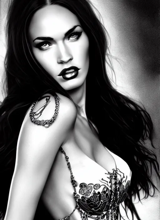 Prompt: a black and white pencil portrait of megan fox as a vampire lord, in a dress, jewelry, greek,, intricate, headshot, highly detailed, drawn with pencil, black and white, artstation, concept art, sharp focus, cinematic lighting, illustration, art by artgerm and greg rutkowski, alphonse mucha, cgsociety