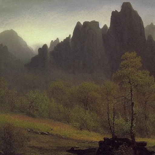 Image similar to a dark monolith in a natural landscape, bierstadt style