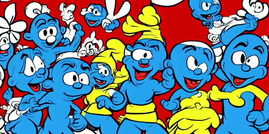 Prompt: the smurfs as superheroes, animation, cell animation, in the style of hanna barbera