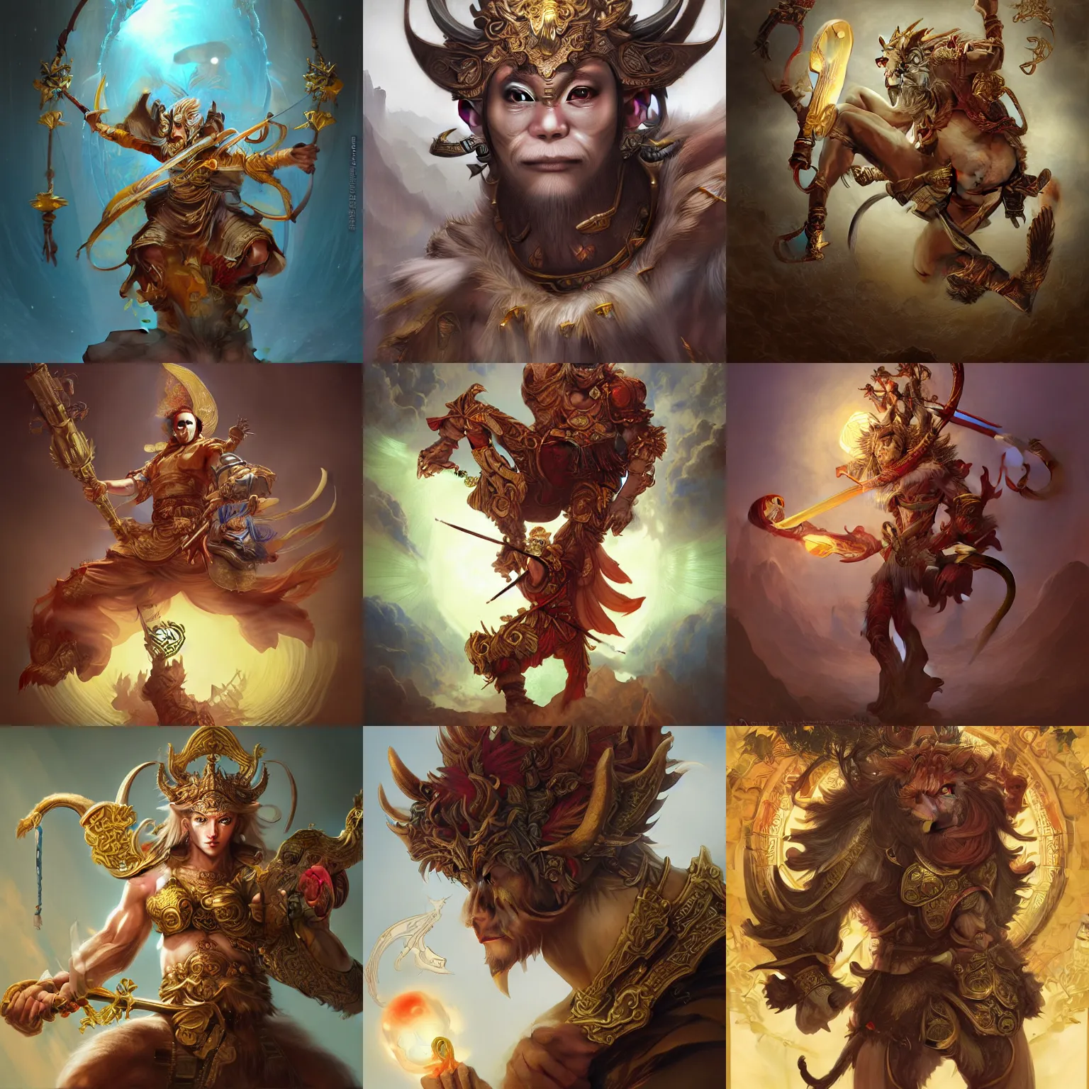 Prompt: Sun Wukong in the korean mmo Lost Ark, monkey king, divine, golden ,symmetrical, D&D character art, portrait, digital painting, Peter Mohrbacher, Alphonse Mucha, Brian Froud, Yoshitaka Amano, Kim Keever, Victo Ngai, James Jean