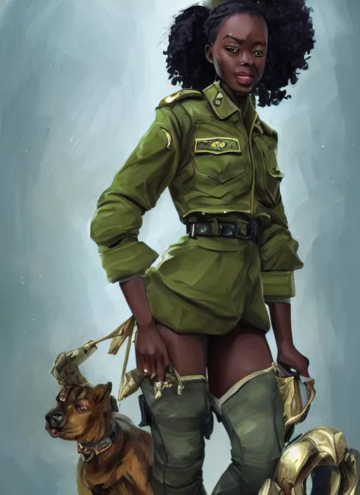 Image similar to a highly detailed illustration of cute african girl wearing military uniform and green officer cap riding!!! on giant dog!!!, dramatic standing pose, perfect face, intricate, elegant, highly detailed, centered, digital painting, artstation, concept art, smooth, sharp focus, league of legends concept art, wlop
