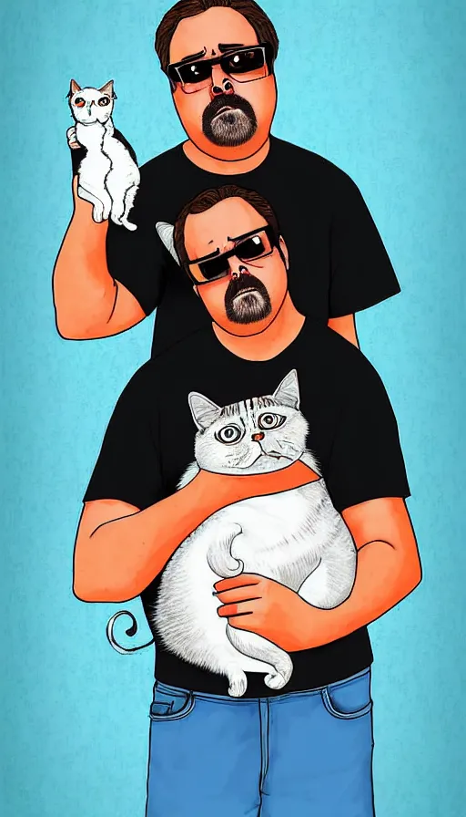 Prompt: a portrait of bubbles from trailer park boys holding a cat. detailed digital art