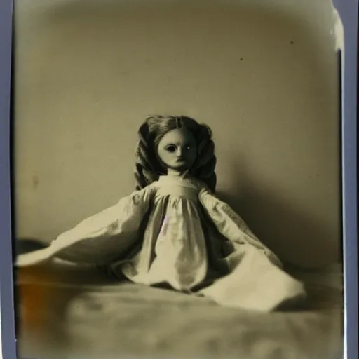 Image similar to a very beautiful old polaroid picture of a creepy doll in a bedroom on a bed, award winning photography