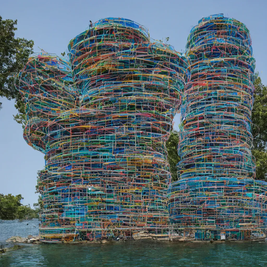 Image similar to a circular tower, made up of colourful makeshift squatter shacks suspended over water, dystopia, sony a 7 r 3, f 1 1, fully frontal view, ultra detailed, photographed by hiroshi sugimoto,