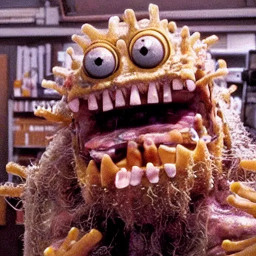 Image similar to a disgusting vile realistic spongebob monster eating a man from The Thing, by Cronenberg and greg nicotero H- 850