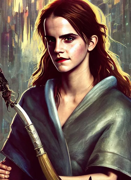 Image similar to portrait of Emma Watson from the Witcher wearing a wizard robe outfit as a character from Cyberpunk 2077, looking at camera, intricate, elegant, sci-fi, extremely detailed, digital painting, artstation, concept art, smooth, sharp focus, illustration, ambient lighting, incredible art by artgerm and greg rutkowski and alphonse mucha and simon stalenhag