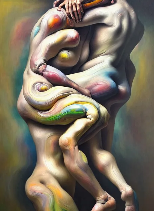 Prompt: a strange, biomorphic painting of two humanoid figures entwined, in the style of jenny saville, in the style of charlie immer, part by gerhard richter, highly detailed, dramatic, emotionally evoking, head in focus, volumetric lighting, oil painting, timeless disturbing masterpiece
