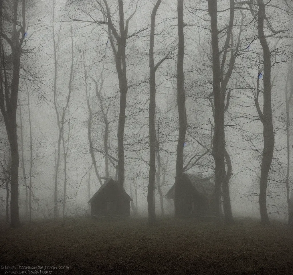 Image similar to mysterious cabin in the woods, dark, fog, by bagshaw tom