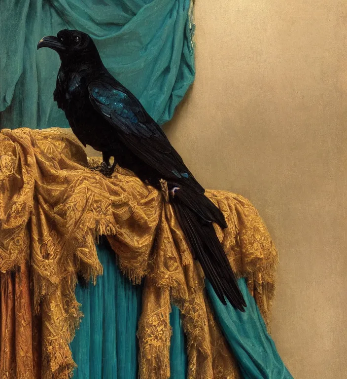 Prompt: a beautifully photoreal clear detailed victorian portrait of a close up raven on a victorian windowsill with an ornate velvet teal curtain at beautiful sunset daytime nature sunlit painting by frederic leighton and turner and rosetti, 8 k, octane render