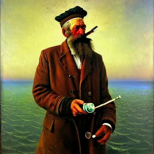 Prompt: painting of sailor hobo hyperrealism vasily vereshchagin holding a pipe