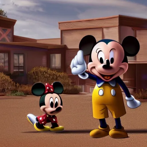 Image similar to highly detailed shot of better call saul cross over with mickey mouse house season finale with walter white appearing in the background