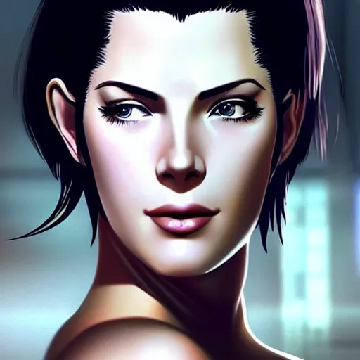 Image similar to A combination of Grace Kelly's and Katheryn Winnick's and Ashley Greene's faces with long eyelash makeup as Motoko Kusanagi from Ghost in The Shell, western, fantasy, intricate, elegant, highly detailed, digital painting, artstation, concept art, matte, sharp focus, illustration, half body portrait, art by Artgerm and Greg Rutkowski and Alphonse Mucha