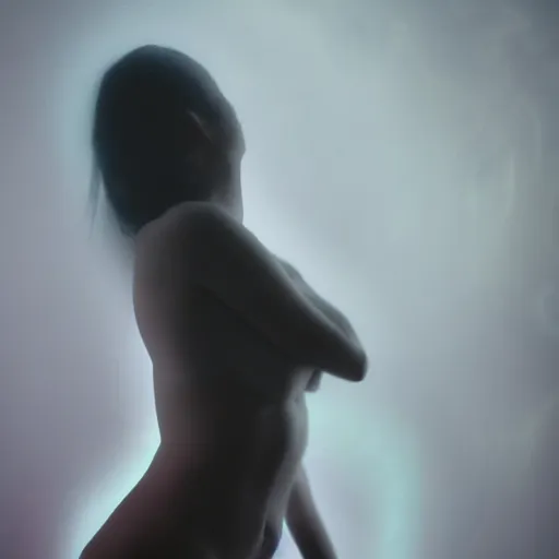 Image similar to beautiful female body silhouette, beautiful portrait, photography by amy leibowitz and filip fedorov, white blanket in wind, urban city photography, close up portrait, cinematic still, film still, magic hour, dark mood, magic hour, cold colors, sony, kodak, long exposure, art noveau painting, liquid marble fluid painting, neon glow, god rays