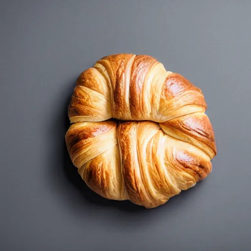 Image similar to professional studio photography of a croissant on a table, grey background, balanced lighting, xf iq 4, f / 1. 4, iso 2 0 0, 1 / 1 6 0 s, 8 k, raw, unedited, symmetrical balance, in - frame