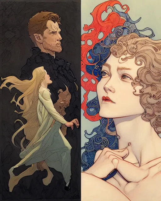 Prompt: artwork by James Jean and artwork by Phil noto and artwork by Rebecca guay of a handsome man and a beautiful woman back to back