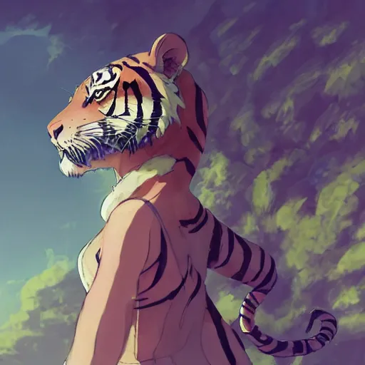 Image similar to a tiger wearing a dress, illustration concept art anime key visual trending pixiv fanbox by wlop and greg rutkowski and makoto shinkai and studio ghibli and kyoto animation symmetrical facial features