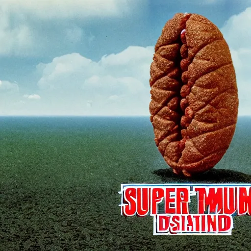 Image similar to Super high resolution, hyper-realistic, 8K, ray-traced, Film publicity poster for 1970s disaster movie of Earth being stuck by giant Tunnocks marsh mellow