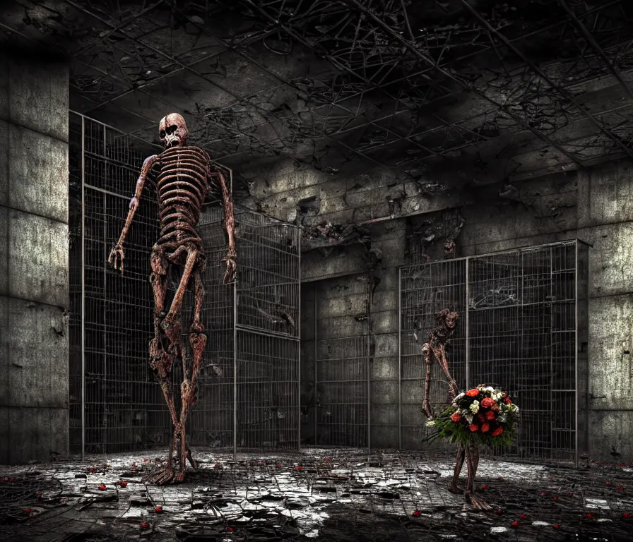 Prompt: creepy huge suffering humanoid with a bouquet of flowers. an underground very dark gloomy multi - layered structure of rusty thick iron grates, dense chain - link fencing and peeling walls. inside view, collapsed floors, bent rusted iron, masterpiece, black background, corners, cinematic, hyperdetailed, photorealistic, hyperrealism, octane render, shadows
