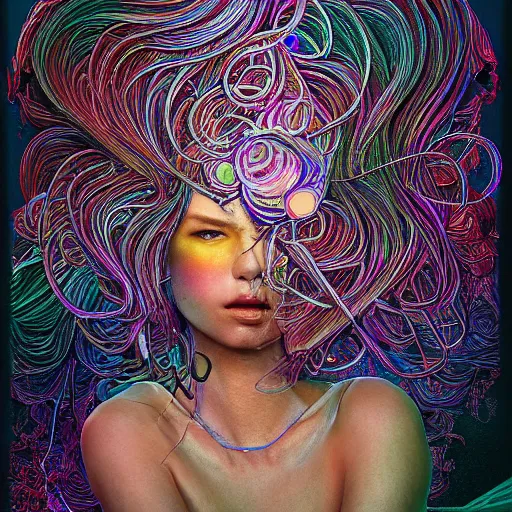 Image similar to the portrait of a ridiculously beautiful and pretty woman partially made of onion rings of all colors looking up, an ultrafine detailed illustration by james jean, final fantasy, intricate linework, bright colors, behance contest winner, vanitas, angular, altermodern, unreal engine 5 highly rendered, global illumination, radiant light, detailed and intricate environment