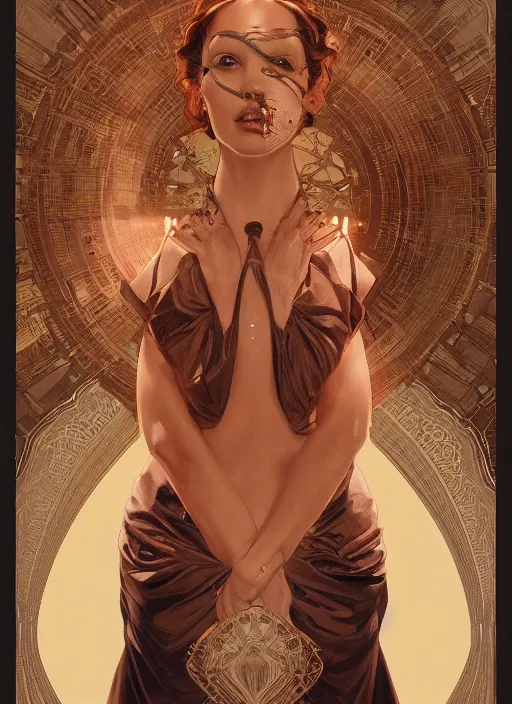 Image similar to symmetry!! pinup, machine parts embedded into face, intricate, elegant, highly detailed, digital painting, artstation, concept art, smooth, sharp focus, illustration, art by artgerm and greg rutkowski and alphonse mucha, 8 k