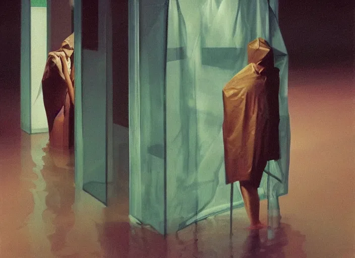 Prompt: woman in a translucent clothing made from green plastic bag with paper bags for clothes standing inside paper bags with paper bag over the head at store display on flooded night street Edward Hopper and James Gilleard, Zdzislaw Beksinski, highly detailed