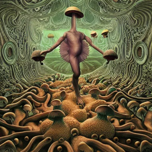 Prompt: mushroom man, fungus, freak show, surrealism, fractalism, strange, hyperdetailed, photorealistic, interesting, benoit b. mandelbrot, m. c. escher, patrick woodroffe, ernst fuchs, zdzisław beksinski, id magazine, octane, cinematic, hyperrealism, 8 k, depth of field, bokeh