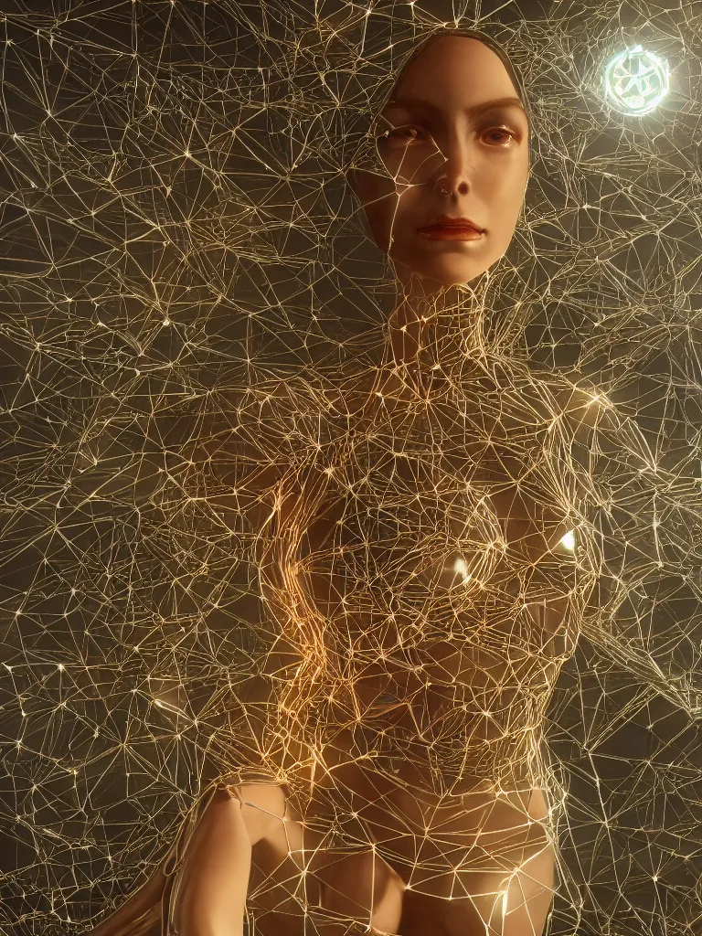 Prompt: a photo of a robotic woman covered in modular synthesizer parts surrounded by sacred geometry made from elven architecture, full body, perfect face, powerful, cinematic, beautifully lit, by peter gric, by karol bak, 3 d, octane render, 8 k