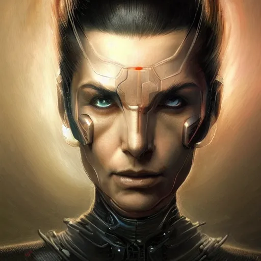 Image similar to portrait, augmented with technology cybernetic villain, red cybernetic eye, stern expression, elegant, highly detailed, digital painting, artstation, concept art, smooth, sharp focus, illustration, artgerm, tomasz alen kopera, peter mohrbacher, donato giancola, joseph christian leyendecker, wlop, frank frazetta