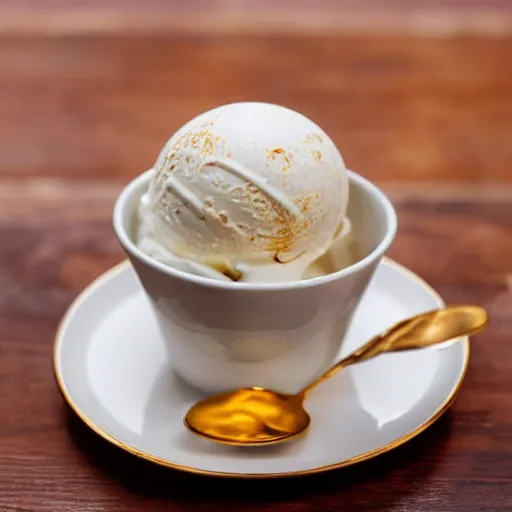 Prompt: ultra realistic photo of a cup of ice cream in golden cup with rich details and luxury plates