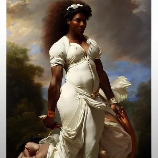 Image similar to Portrait of Serena Williams as Nike Goddess, large wings, luxuriant, dreamy, eternity, romantic, strong pose, highly detailed, in the style of Franz Xaver Winterhalter, highly detailed, in the style of Aetherpunk